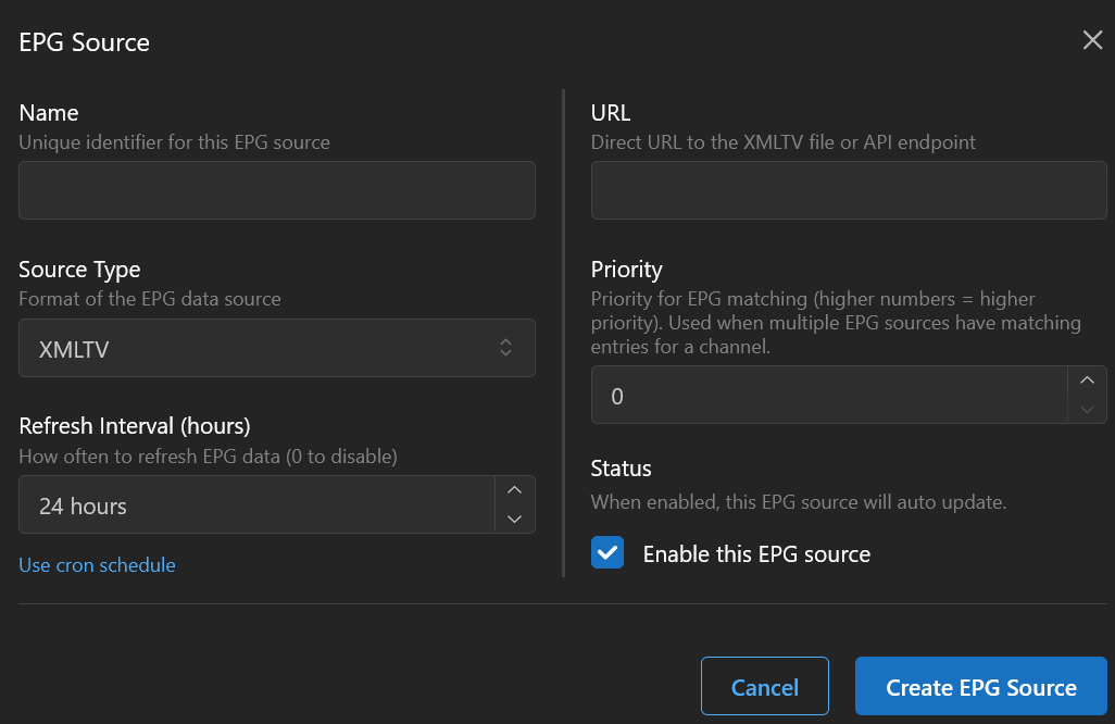 EPG source popup