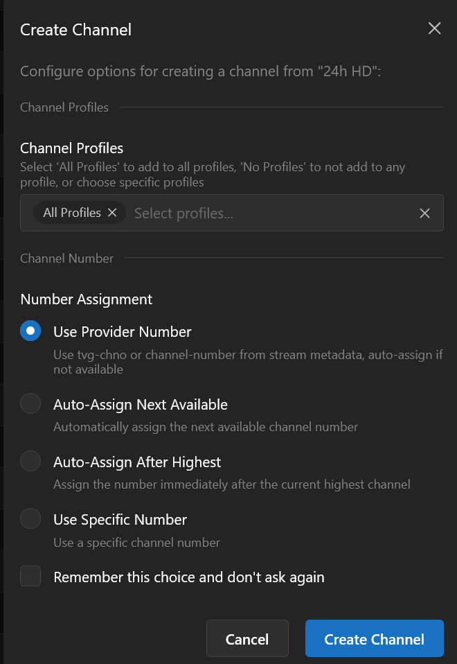 Create New Channel dialog
