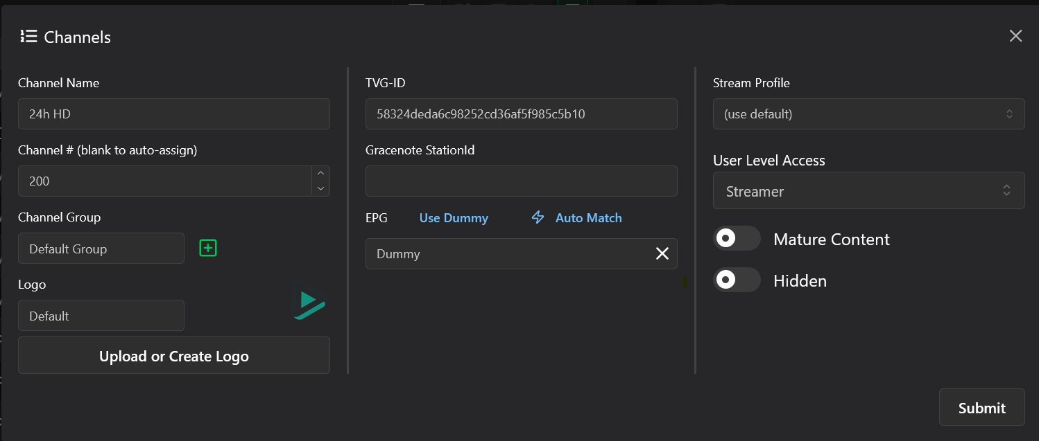 Edit channel dialog